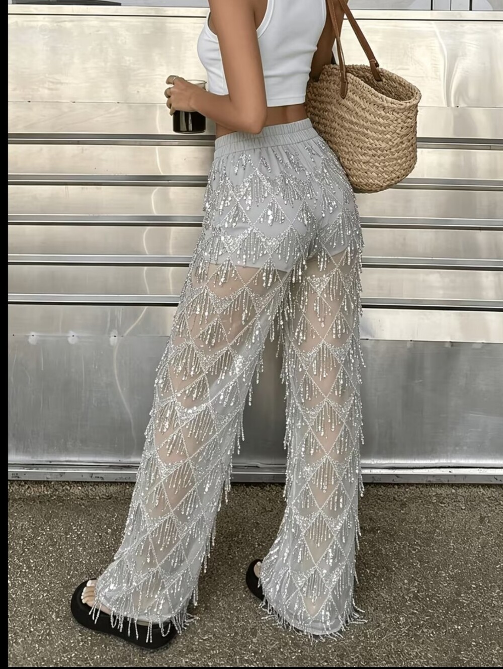 Hot Style Silvery Sequined Tassel Pants Sheer Mesh Loose Wide-Leg Trousers for D
